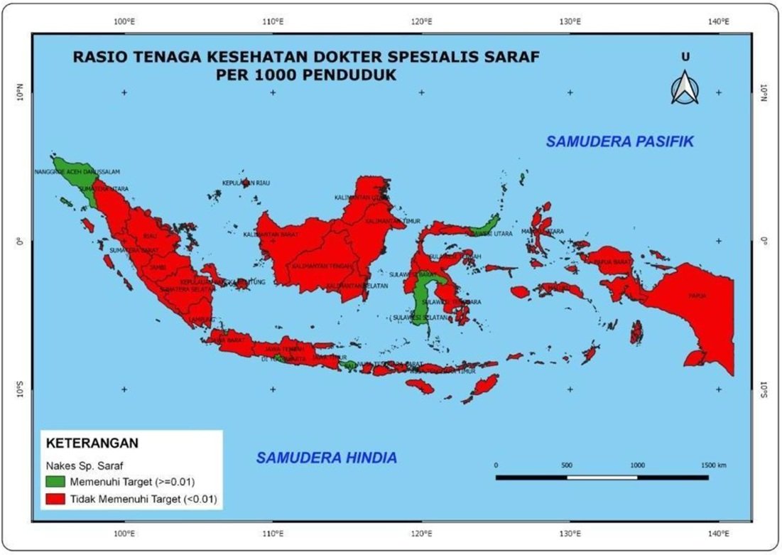 Gambar. Pemetaan Pencapaian Target Rasio Tenaga Dokter Spesialis Saraf Per 1.000 Penduduk Di Indonesia Tahun 2022 (Sumber: Dokumen Rasio Tenaga Kesehatan, Kemenkes 2022)